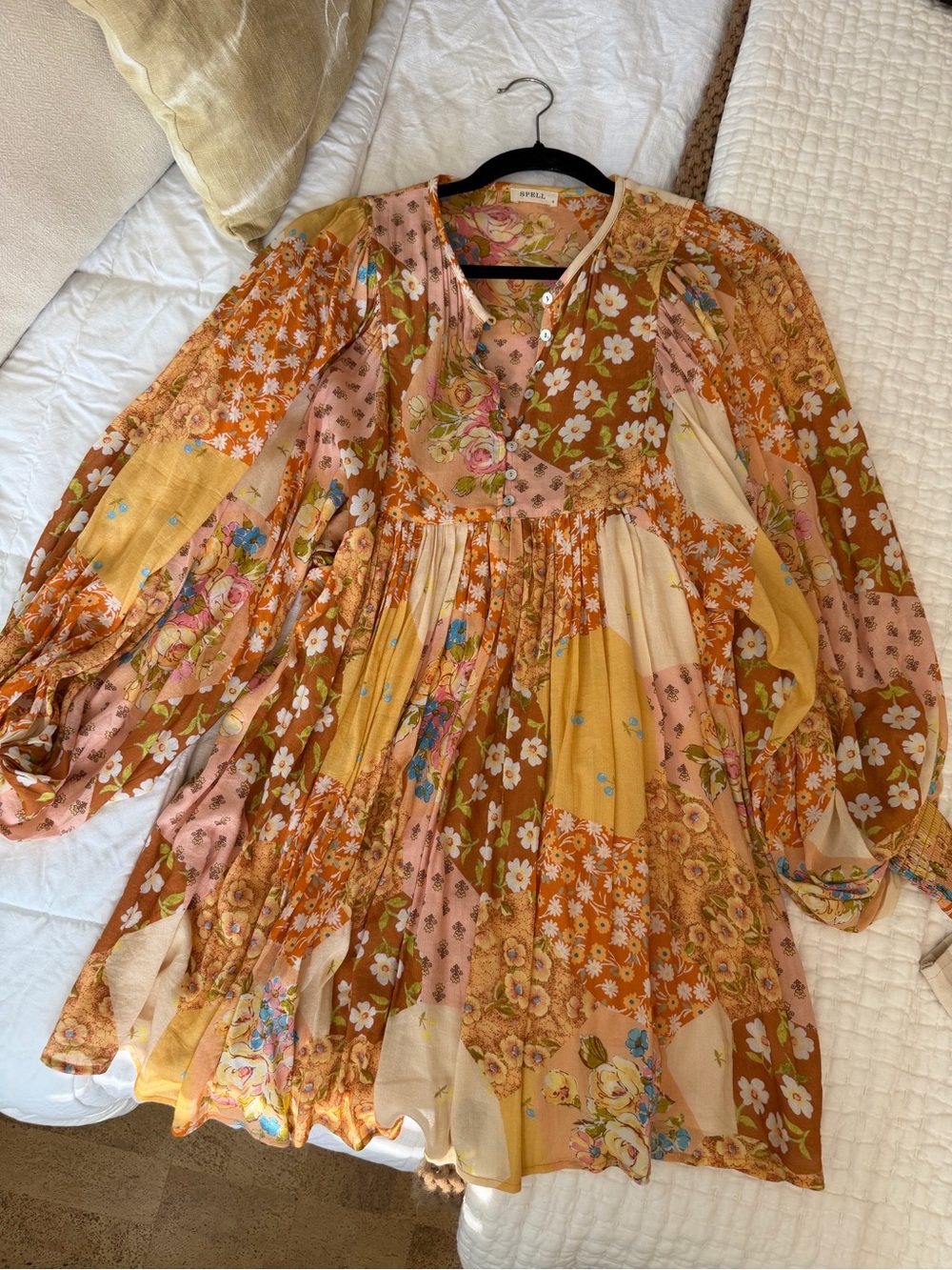 Spell Mixed Floral Patchwork Boho Dress in Mustard and Pink